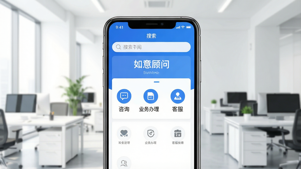 一张展示智能手机屏幕的图片,屏幕中央显示“如意顾问”应用主界面,界面采用蓝白配色,顶部有搜索框,中部有咨询、业务办理、客服入口等功能图标,背景是明亮的办公室环境,整体风格简洁现代,画质清晰,干净无多余元素