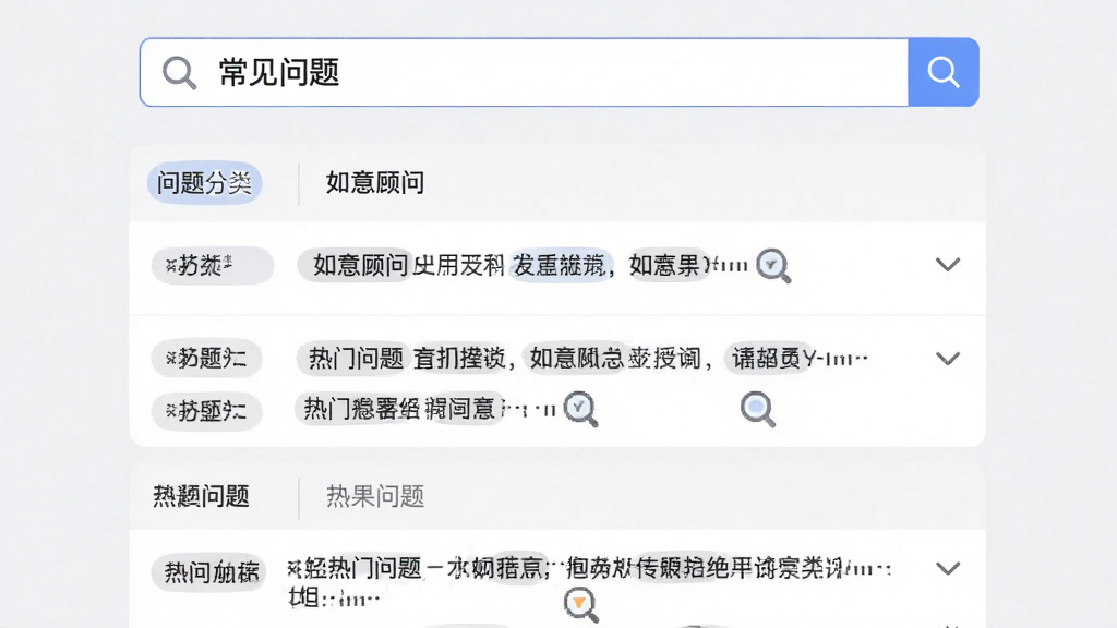 一张AI生成的图片,主体是“如意顾问”应用的常见问题搜索页面,布局为顶部搜索框,下方列表展示问题分类和热门问题条目,背景为浅灰色,风格简洁明了,细节包括放大镜图标和分类标签,画质清晰,干净无多余元素