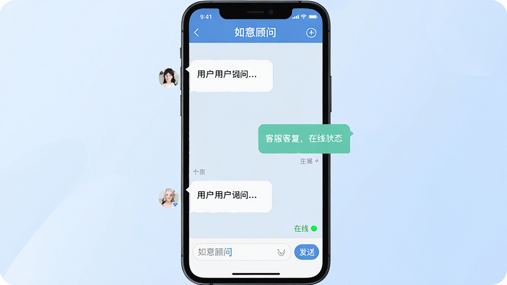 一张AI生成的图片,主体是“如意顾问”手机应用聊天咨询界面,布局为左侧显示用户提问气泡,右侧显示客服回复气泡,背景为柔和的淡蓝色渐变,风格商务简洁,细节包括输入框、发送按钮和在线状态标识,画质清晰,干净无多余元素