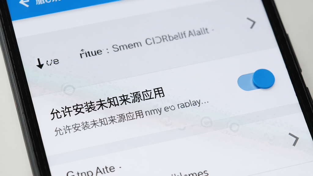 一张AI生成的图片,主体是安卓手机设置界面中“允许安装未知来源应用”的开关选项,布局为手机屏幕特写,背景为浅色设置菜单,风格写实,细节包括开关按钮和提示文字,画质清晰,干净无多余元素