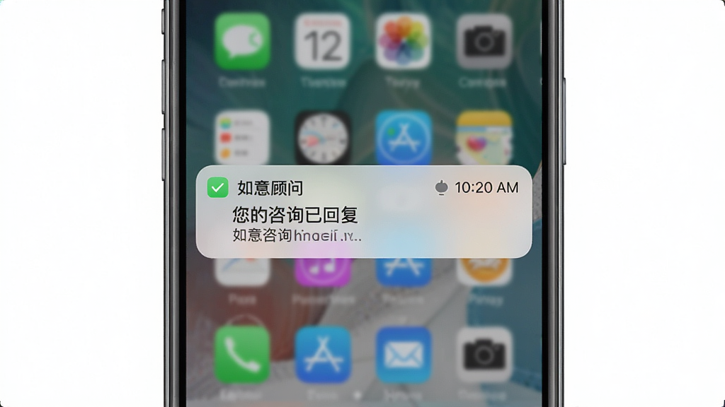 一张AI生成的图片,主体是“如意顾问”手机锁屏界面弹出消息通知,通知内容显示“您的咨询已回复”,布局为手机屏幕中央显示通知卡片,背景为模糊的桌面壁纸,风格现代,细节包括应用图标和通知时间,画质清晰,干净无多余元素