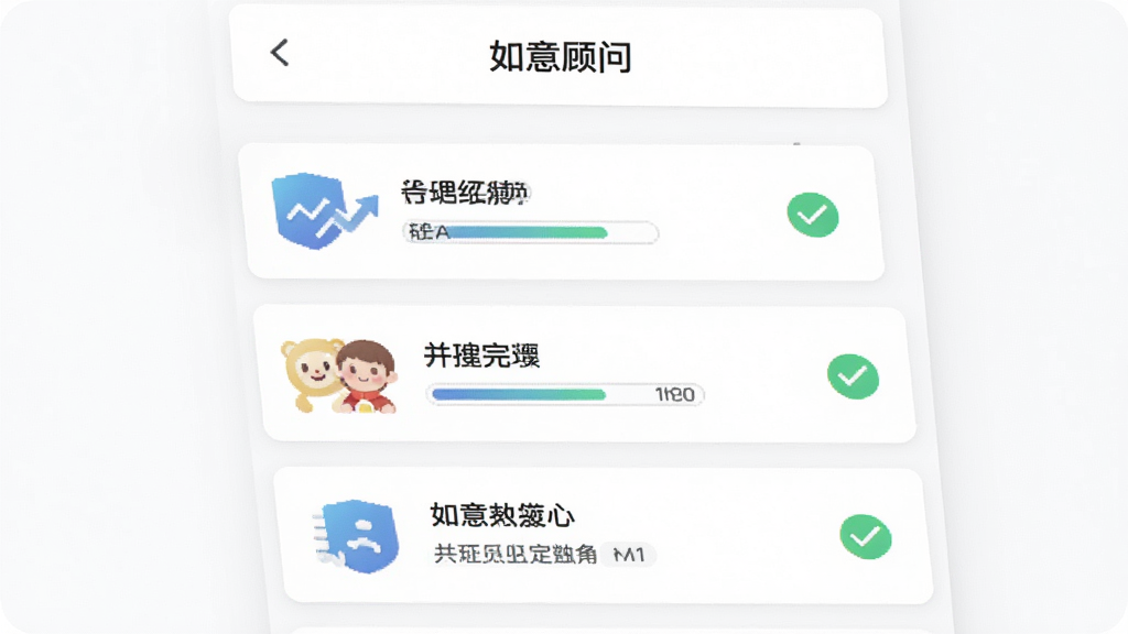 一张AI生成的图片,主体是“如意顾问”应用内的业务办理步骤页面,布局为从上到下依次排列的步骤卡片,每个卡片包含图标和文字说明,背景为白色,风格清新简约,细节包括进度条和完成勾选标记,画质清晰,干净无多余元素