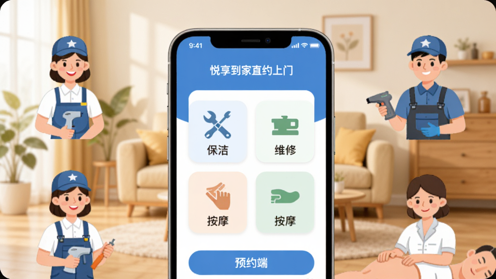 画面中央放置一部智能手机,手机屏幕显示悦享到家直约上门服务平台用户端的首页界面,界面中包含保洁、维修、按摩等服务图标,手机周围环绕着穿着制服的家政服务人员、维修技师和按摩师的小型插画形象,背景是温馨的家庭客厅场景,布局采用中心对称构图,风格为扁平化现代插画,细节包括服务人员微笑表情、工具图标、预约按钮等元素,画质高清,干净整洁,无多余元素