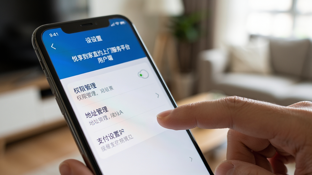 手机屏幕显示悦享到家直约上门服务平台用户端的设置页面,页面中包含权限管理、地址管理、支付设置等选项,手机旁边有一只手正在点击屏幕,背景是模糊的室内环境,布局采用特写镜头,风格为写实生活风,细节包括手指动作、屏幕高光、选项文字清晰,画质高清,干净自然,无多余元素