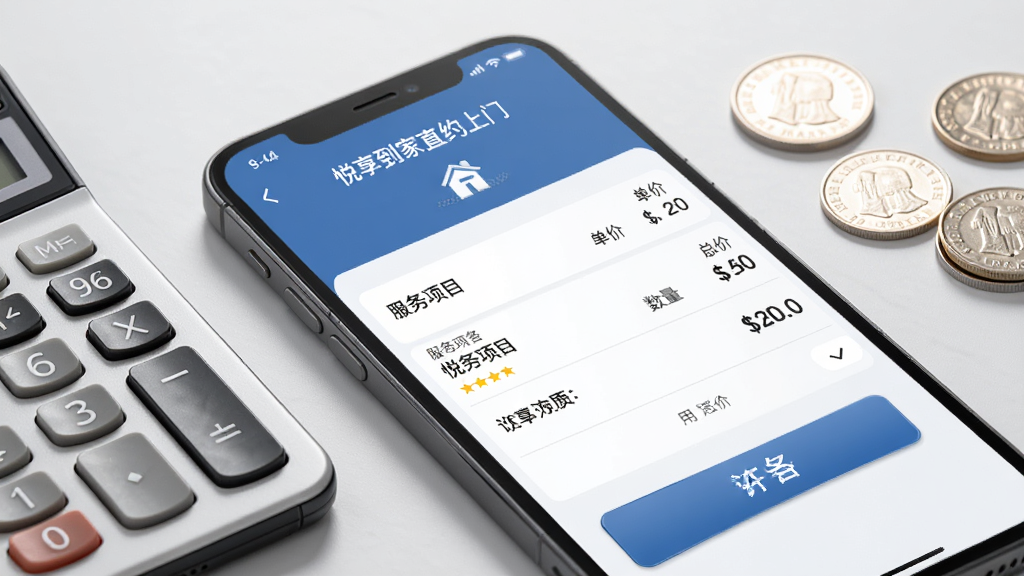 手机屏幕显示悦享到家直约上门服务平台用户端的订单支付页面,页面中清晰列出服务项目、单价、数量、总价等信息,屏幕旁边有一个计算器和几枚硬币,布局采用斜角拍摄,风格为简约商务风,细节包括数字清晰、按钮立体、硬币反光,画质高清,干净利落,无多余元素