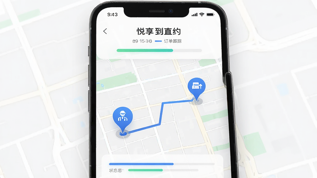 手机屏幕展示悦享到家直约上门服务平台用户端的订单跟踪地图界面,地图上有一个移动的服务人员图标和一个固定的用户位置图标,两者之间有路线连接,屏幕上方显示订单状态文字,布局采用竖屏手机展示,风格为科技简约风,细节包括地图道路、图标阴影、状态进度条,画质高清,干净清晰,无多余元素