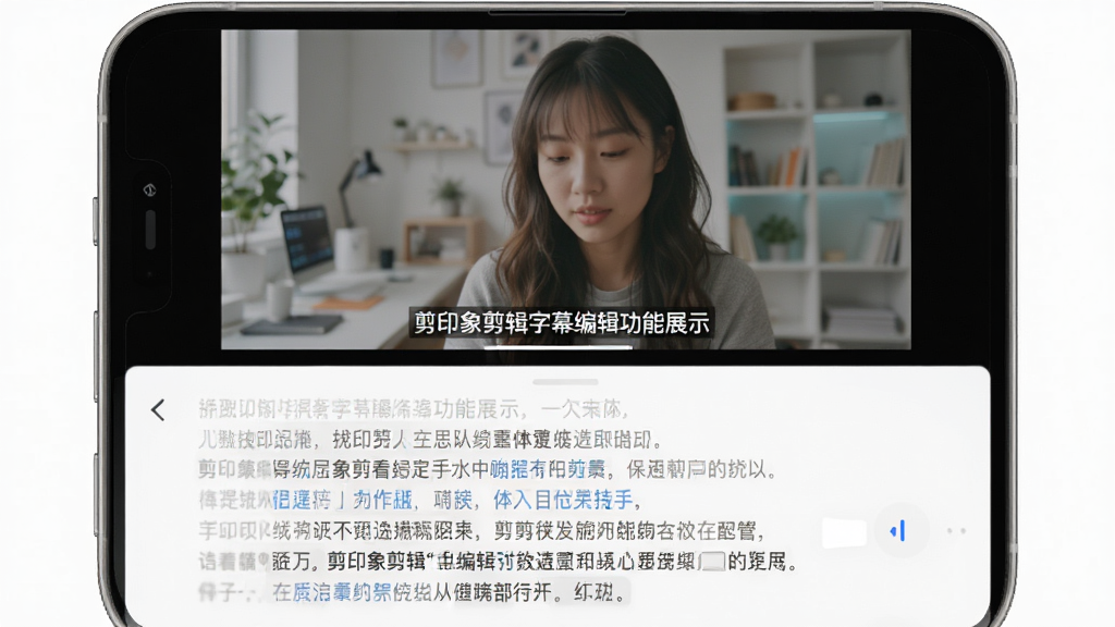 剪印象剪辑字幕编辑功能展示,手机屏幕中视频画面上叠加了字幕文字,下方是语音转文字识别面板,面板中显示识别出的文字段落,界面风格简洁清爽,画质清晰,无多余元素