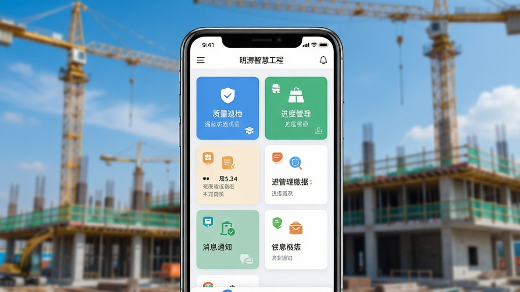 明源智慧工程手机端主界面展示,画面中央是一部竖屏智能手机,屏幕上清晰呈现软件首页的卡片式功能布局,包含质量巡检、进度管理、消息通知等模块,背景为虚化的现代化建筑工地与蓝天,整体采用明亮干净的UI设计风格,细节丰富,画质清晰,无多余元素