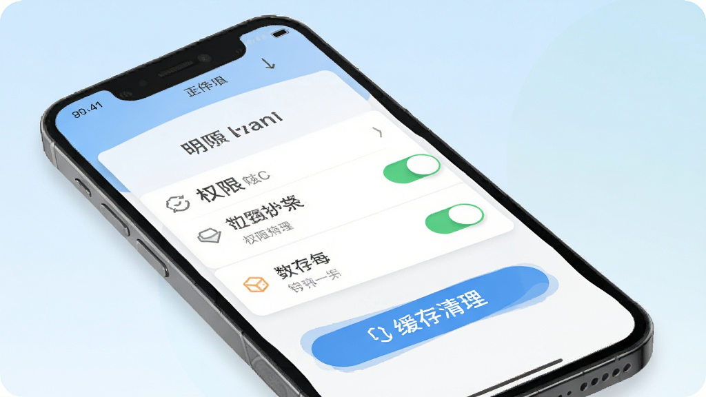 明源智慧工程移动端设置与权限管理界面示意图,画面展示手机屏幕上的权限开关列表与缓存清理按钮,图标清晰,背景为浅色渐变,风格简洁实用,画质干净,无多余元素