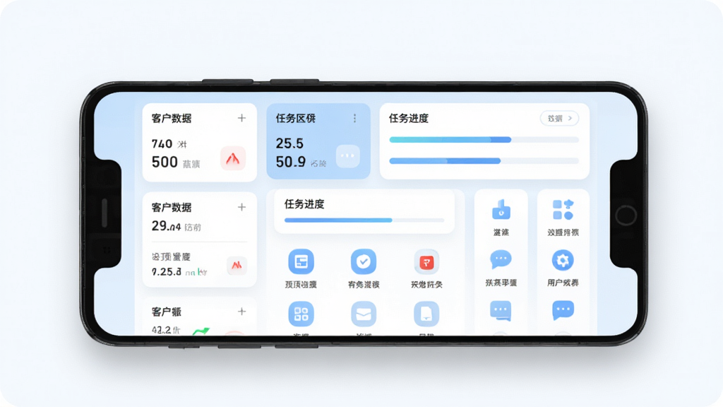 红顶聚成软件主界面展示图,主体为一部安卓手机屏幕,屏幕中显示红顶聚成应用的首页仪表盘,包含客户数据卡片、任务进度条与功能图标网格,布局居中对称,排版清晰有序,风格为现代简约商务风,细节包括柔和的阴影、圆角图标、浅蓝色与白色主色调,画质高清,干净无多余元素