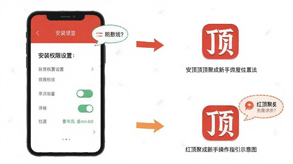 红顶聚成新手操作指引示意图,主体为一部手机屏幕显示安装权限设置页面与红顶聚成应用图标,布局为上下分步展示,风格为扁平化教程插图,细节包括权限开关按钮、箭头指引、提示气泡,画质高清,干净无多余元素