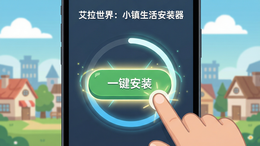 画面主体是“艾拉世界:小镇生活安装器”的操作界面特写,展示一键安装按钮被点击的瞬间,按钮周围有光效和进度环。布局为手机屏幕正面视角,排版突出中央的安装按钮和进度指示。风格为现代扁平化卡通,细节包括背景中隐约可见的小镇轮廓和飘动的云朵,画质清晰,干净利落,无多余装饰。
