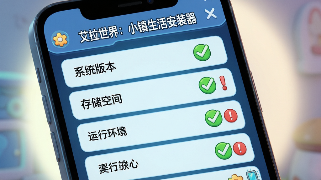 画面主体是“艾拉世界:小镇生活安装器”的环境检测界面,屏幕上显示多个检测项目,如系统版本、存储空间、运行环境等,每项旁边有绿色对勾或红色感叹号。布局为垂直列表形式,排版清晰。风格为科技感与卡通结合的界面设计,细节包括手机边框和柔和的背景光晕,画质干净,无多余元素。