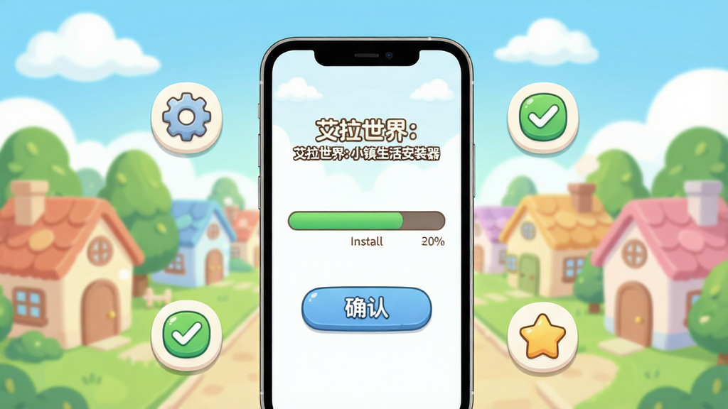 画面主体是一款名为“艾拉世界:小镇生活安装器”的手机应用界面,采用清新明亮的卡通风格,背景是一座色彩柔和的小镇,有可爱的小房子、绿树和蓝天白云。布局为中央展示手机屏幕,屏幕上显示安装进度条和确认按钮,周围环绕着几个小巧的图标元素,如齿轮、对勾和星星。排版简洁,风格温馨可爱,细节上突出安装工具的功能感,画质清晰干净,无多余元素。
