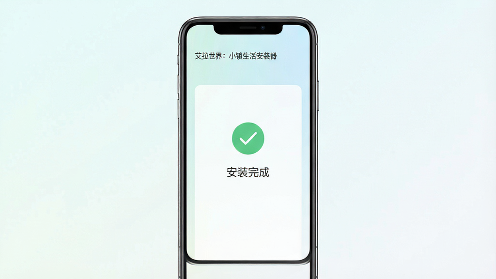 画面主体是“艾拉世界:小镇生活安装器”的清爽界面展示,手机屏幕显示简洁的安装完成页面,背景是纯净的浅色渐变。布局为手机正面特写,排版极简。风格为清新极简风,细节包括屏幕上的对勾图标和“安装完成”字样,画质干净,无多余元素。