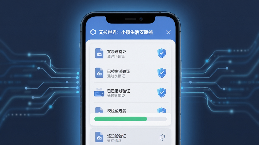 画面主体是“艾拉世界:小镇生活安装器”的资源校验过程示意图,屏幕上显示文件列表和校验进度条,部分文件旁有盾牌图标表示已通过验证。布局为手机屏幕居中,排版整齐。风格为简洁的科技卡通风,细节包括数据流线条和柔和的蓝色光晕,画质清晰,无杂乱元素。