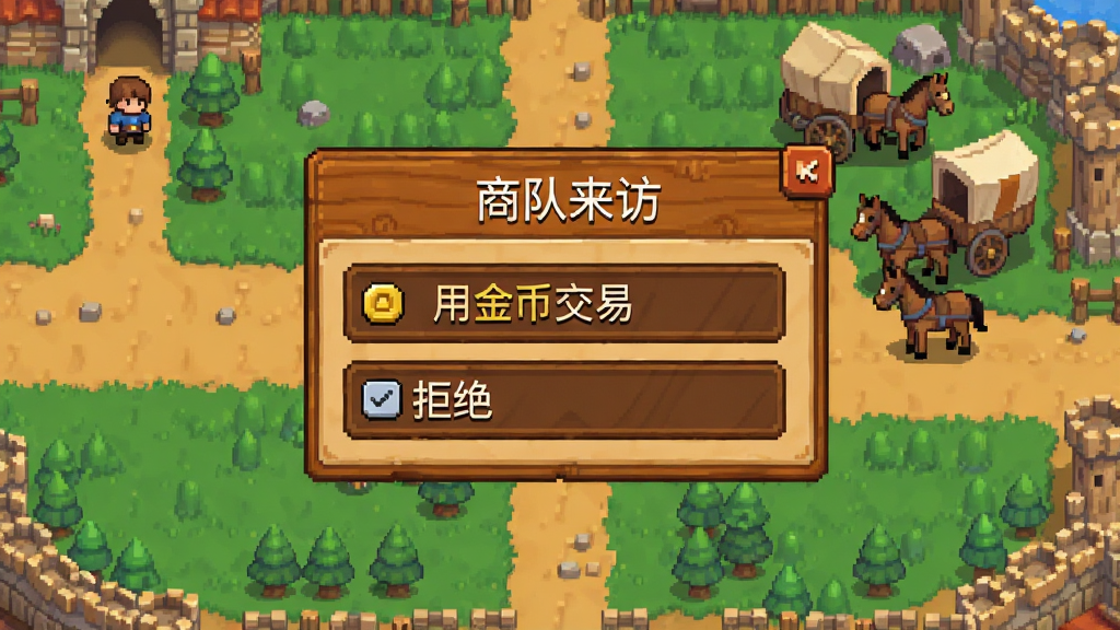 方块公国随机事件弹窗界面,画面中央显示一个像素风格的事件对话框,标题为商队来访,选项包括用金币交易和拒绝,背景是领地俯瞰图,有像素小人角色和马车元素,界面风格统一为暖色木质纹理,画质干净,布局清晰