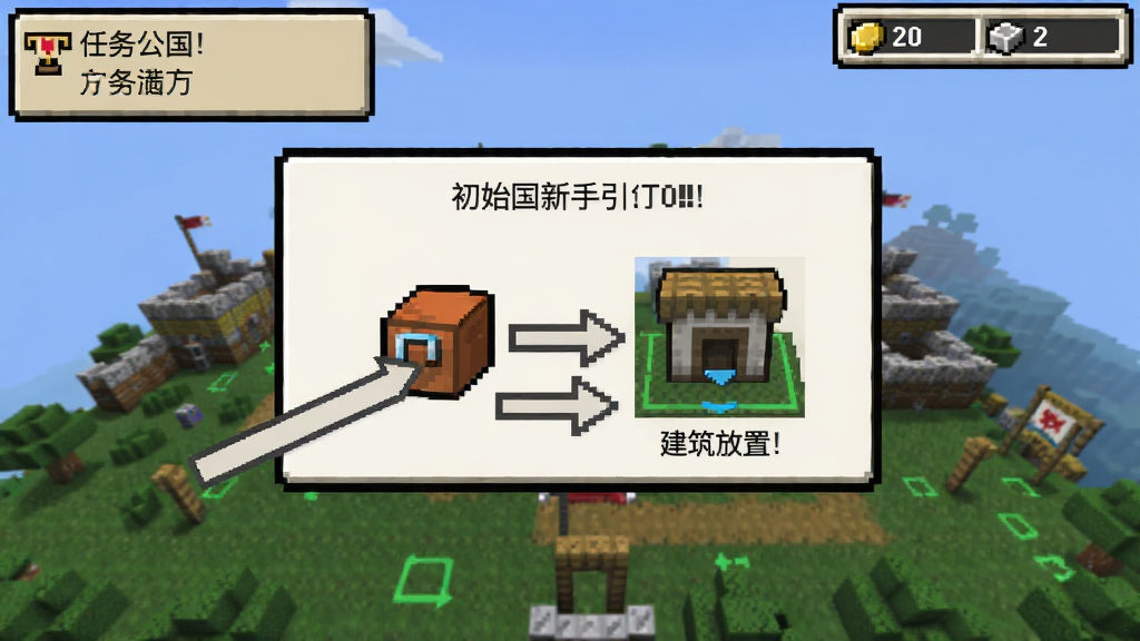 方块公国新手引导界面截图,画面展示一个像素风格的教程弹窗,用箭头标注方块拖拽操作和建筑放置位置,背景是初始领地场景,有任务提示栏和资源栏,界面简洁明了,画质清晰,布局规整