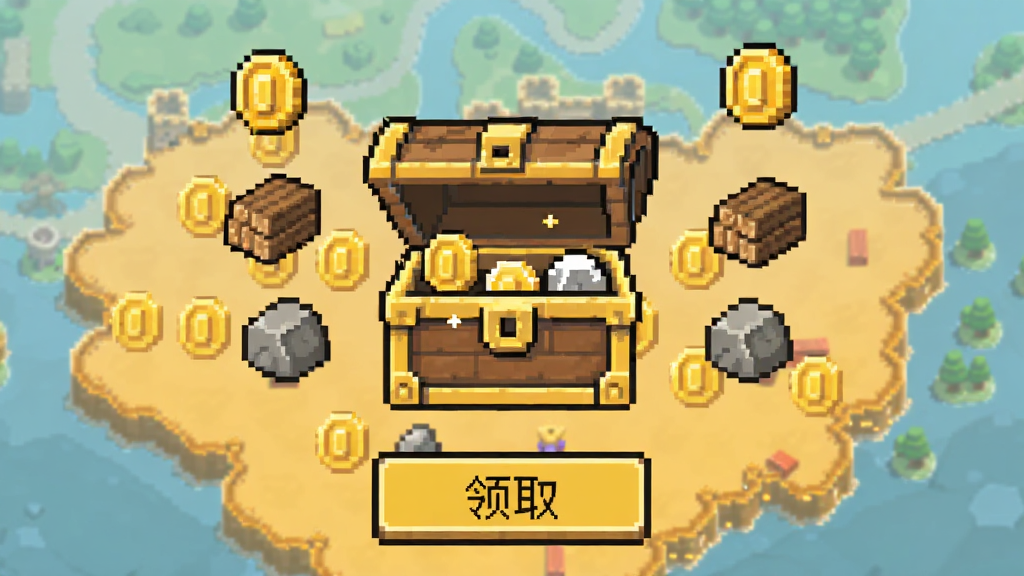 方块公国离线收益结算界面,画面显示一个像素风格的宝箱打开动画,周围飘出金币、木材、石料等资源图标,背景是简化的领地轮廓,界面中央有领取按钮,整体色调温暖明亮,画质干净,无多余装饰