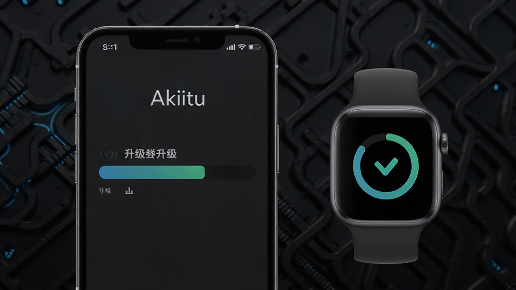 Akiitu软件固件升级功能展示图,画面中央为手机屏幕显示升级进度条,旁边是智能手表屏幕同步显示升级图标,背景为深色科技纹理,风格为简洁科技感,细节清晰,画质干净,无多余元素