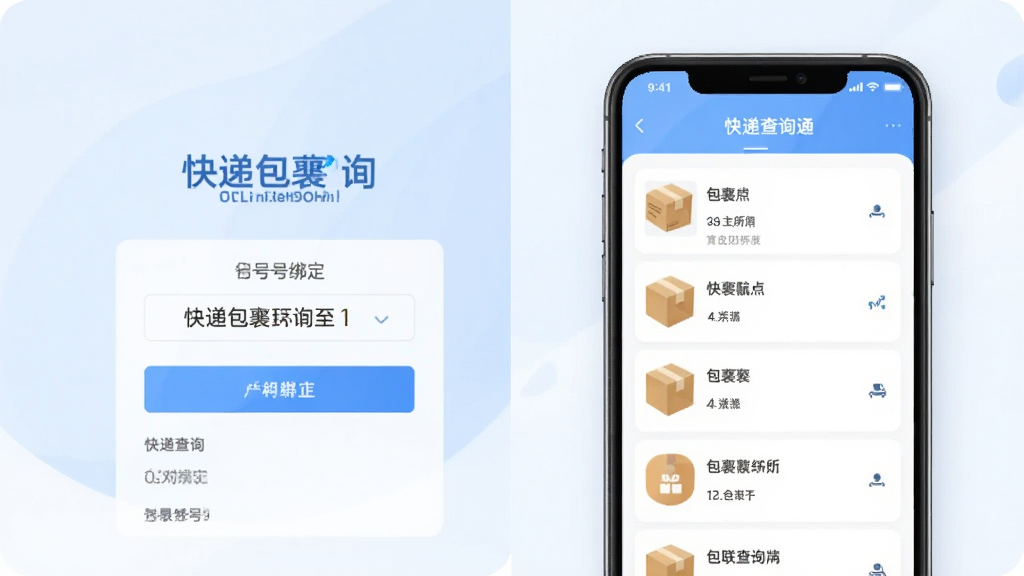 快递包裹查询通手机号关联查询功能界面,手机屏幕显示手机号绑定页面和包裹列表,快递包裹查询通文字标识清晰可见,背景为淡蓝色与白色,风格清新浅色,画质干净整洁