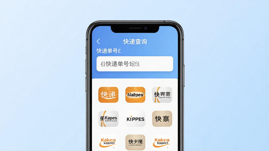 快递包裹查询通软件主界面展示,中间放置手机样机,屏幕显示快递单号输入框和多家快递公司图标排列,背景为浅蓝色渐变,风格简洁清爽,画质清晰干净,无多余元素
