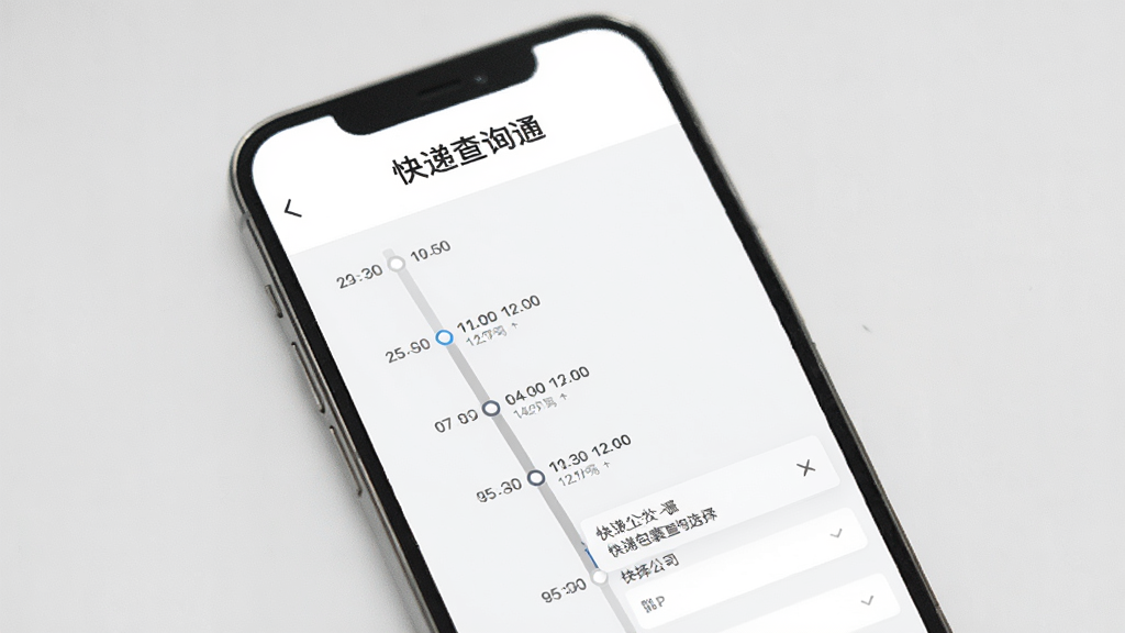 快递包裹查询通移动端操作界面展示,手机屏幕显示物流时间轴和快递公司选择列表,快递包裹查询通文字标注在界面顶部,背景为白色和浅灰色,风格素雅极简,画质清晰干净