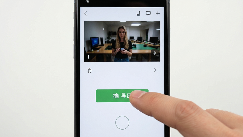 免费剪辑速成片 手机操作示意图 手指点击导出按钮 界面简洁 布局直观 风格写实 细节手指与屏幕交互清晰 画质高清 干净 无多余元素