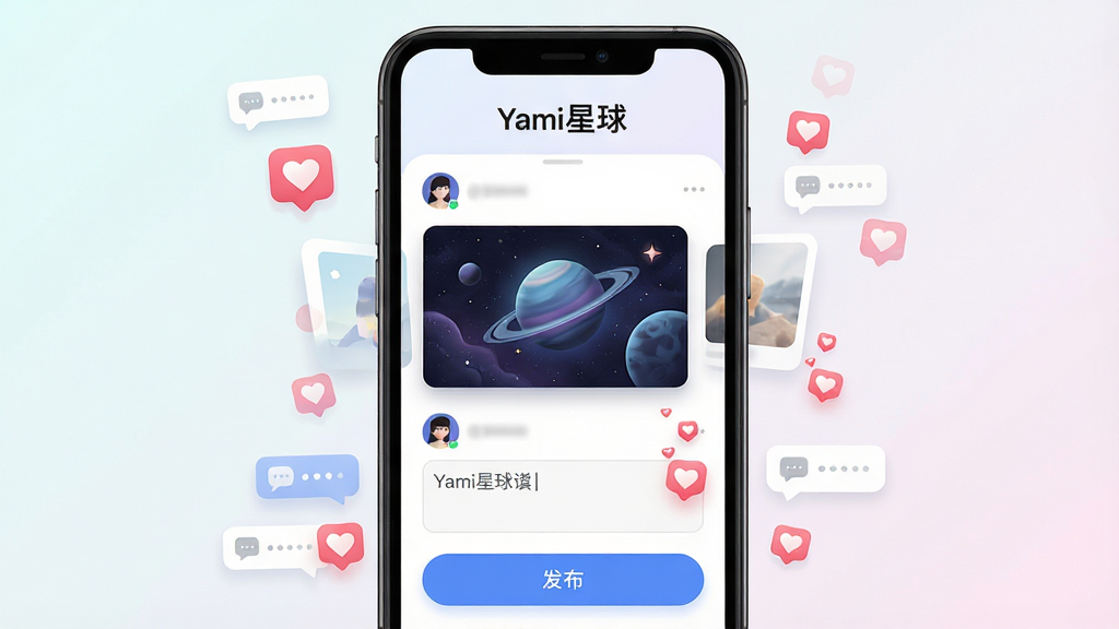画面主体为一部手机屏幕展示Yami星球的动态发布界面,界面中有图片、文字输入框和发布按钮;布局为手机居中,周围有漂浮的点赞图标和评论气泡;排版上手机上方有“Yami星球”标题;风格为清新简约的UI风格;细节包括动态卡片、头像、心形点赞动画;画质为高清,背景为浅色渐变,干净无多余元素。