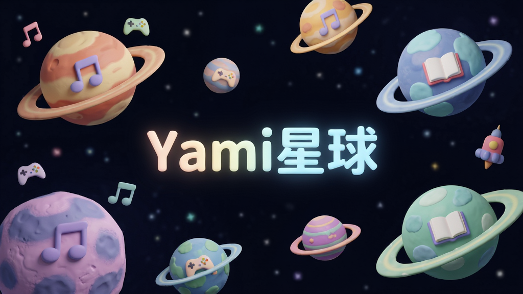 画面主体为多个彩色星球漂浮在太空中,每个星球上标注不同的兴趣图标,如音符、游戏手柄、书本等;布局为散点式排列,星球大小不一,形成层次感;排版上画面中央用发光字体写着“Yami星球”;风格为卡通3D渲染,色彩丰富柔和;细节包括星球表面的纹理、环绕的光环、漂浮的小图标;画质为4K,背景为深色星空,干净无杂乱元素。