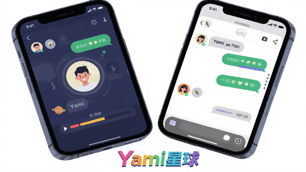 画面主体为两部智能手机并排展示,屏幕中显示Yami星球的闪聊匹配界面,左侧手机显示匹配动画,右侧手机显示聊天对话框;布局为左右对称,手机略微倾斜增加动感;排版上手机下方有“Yami星球”的彩色Logo;风格为扁平化插画风格,色彩明快;细节包括屏幕中的头像、聊天气泡、匹配进度条;画质为高清,背景干净简洁,无多余元素。