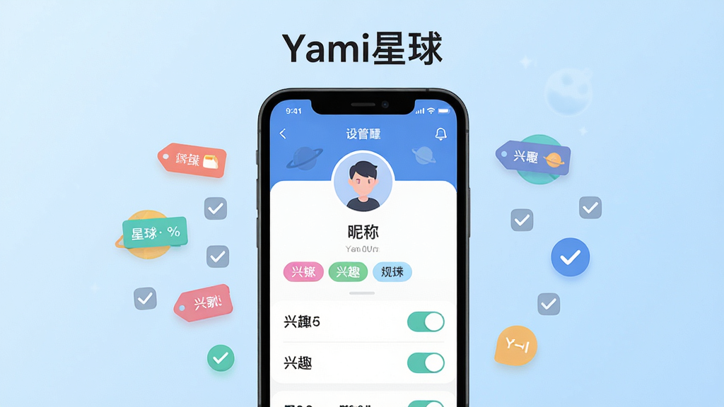 画面主体为一部手机展示Yami星球的个人资料设置页面,页面中有头像、昵称、兴趣标签等选项;布局为手机居中,周围有漂浮的标签图标和勾选符号;排版上手机上方有“Yami星球”字样;风格为清新扁平化UI风格;细节包括彩色标签、开关按钮、头像框;画质为高清,背景为浅蓝色渐变,干净无多余元素。