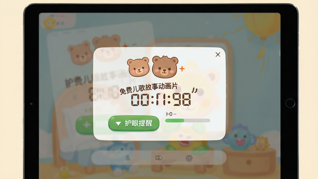 护眼模式与时长管控界面,主体为平板电脑屏幕上显示护眼提醒弹窗,布局居中显示卡通小熊提示图标与倒计时数字,排版简洁明了,风格为柔和暖色调插画风,细节包括半透明遮罩背景、绿色护眼按钮、时间进度条,画质高清干净无多余元素,画面中文字标注为“免费儿歌故事动画片”