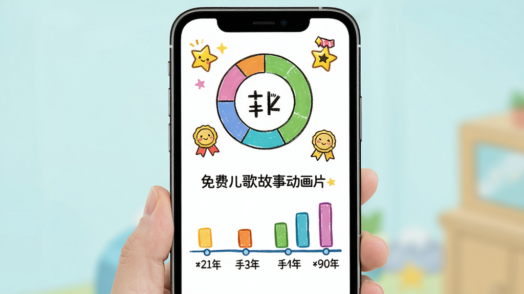 亲子互动与成长记录界面,主体为手机屏幕显示卡通风格的数据报告页面,布局上方为圆形统计图表下方为观看历史时间轴,排版活泼有趣,风格为手绘童趣风,细节包括星星奖励图标、卡通勋章、彩色柱状图,画质高清干净无多余元素,画面中文字标注为“免费儿歌故事动画片”