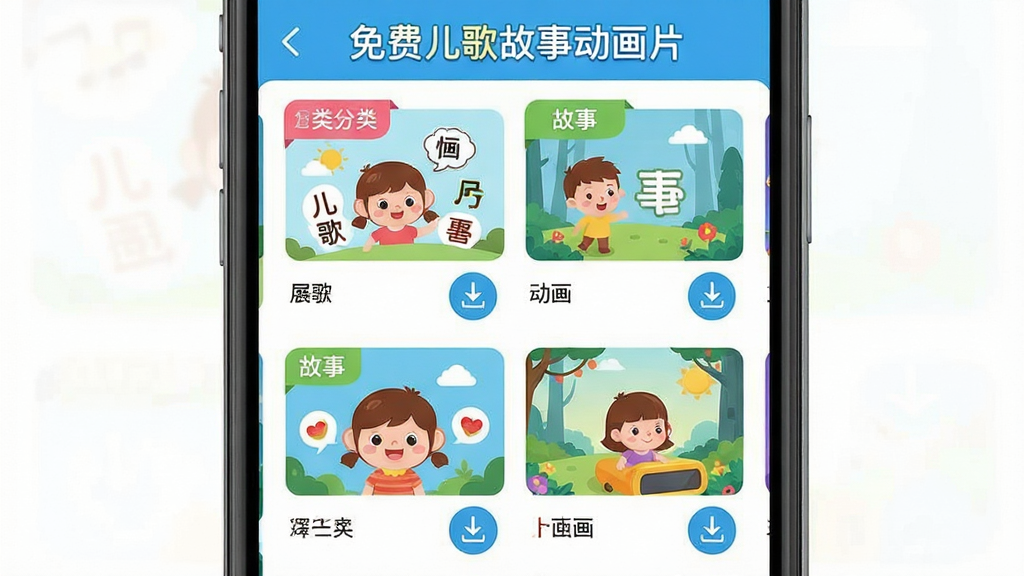 儿童内容分类界面展示,主体为手机屏幕内呈现儿歌、故事、动画片三大内容板块,布局采用网格瀑布流排列,排版整齐有序,风格为扁平化卡通设计,细节包括彩色分类标签、卡通封面缩略图、下载按钮图标,画质高清干净无多余元素,画面中文字标注为“免费儿歌故事动画片”