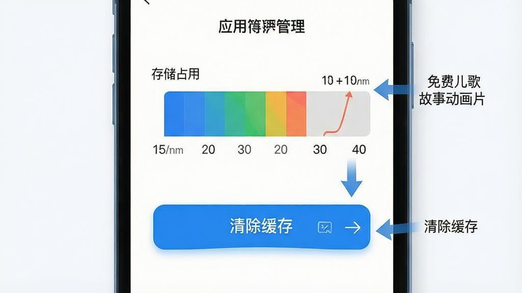 手机清理缓存操作示意图,主体为手机设置界面显示应用管理页面,布局上方为存储占用条形图下方为清除缓存按钮,排版简洁清晰,风格为扁平化科技风,细节包括蓝色高亮按钮、存储空间数值标注、箭头指示操作步骤,画质高清干净无多余元素,画面中文字标注为“免费儿歌故事动画片”
