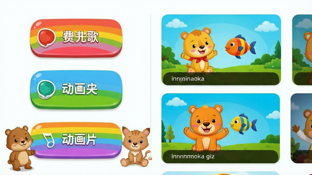 免费儿歌故事动画片软件主界面展示,主体为横向排布的卡通风格应用界面,布局左侧为儿歌分类图标右侧为动画片推荐海报,排版简洁清晰,风格为明亮活泼的儿童插画风,细节包括圆角矩形按钮、彩虹色系配色、小动物卡通形象点缀,画质高清干净无多余元素,画面中文字标注为“免费儿歌故事动画片”