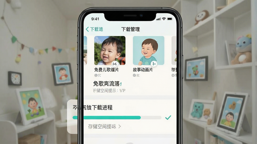 离线缓存功能展示,主体为手机界面显示下载管理页面,布局上方为已下载专辑列表下方为下载进度条,排版清晰直观,风格为清新浅色系设计,细节包括勾选圆圈、缓存完成对勾图标、存储空间提示文字,画质高清干净无多余元素,画面中文字标注为“免费儿歌故事动画片”