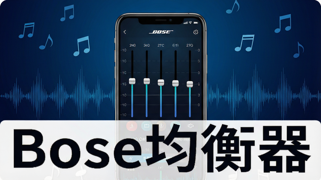 一张展示Bose App均衡器调节界面的概念图,画面中央为手机屏幕,屏幕中显示多条音频频段滑块与预设音效按钮,背景采用深蓝色渐变,周围点缀音符与声波纹理,风格科技感强,细节精致,画质高清,图中文字标注“Bose均衡器”。