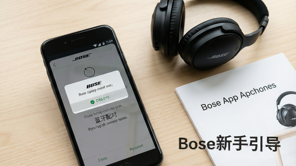 一张展示Bose App新手操作指引的概念图,画面主体为手机屏幕,屏幕中显示权限授予弹窗与蓝牙配对步骤提示,旁边放置Bose耳机与说明书,背景为浅色桌面,风格清晰易懂,画质干净,图中文字标注“Bose新手引导”。