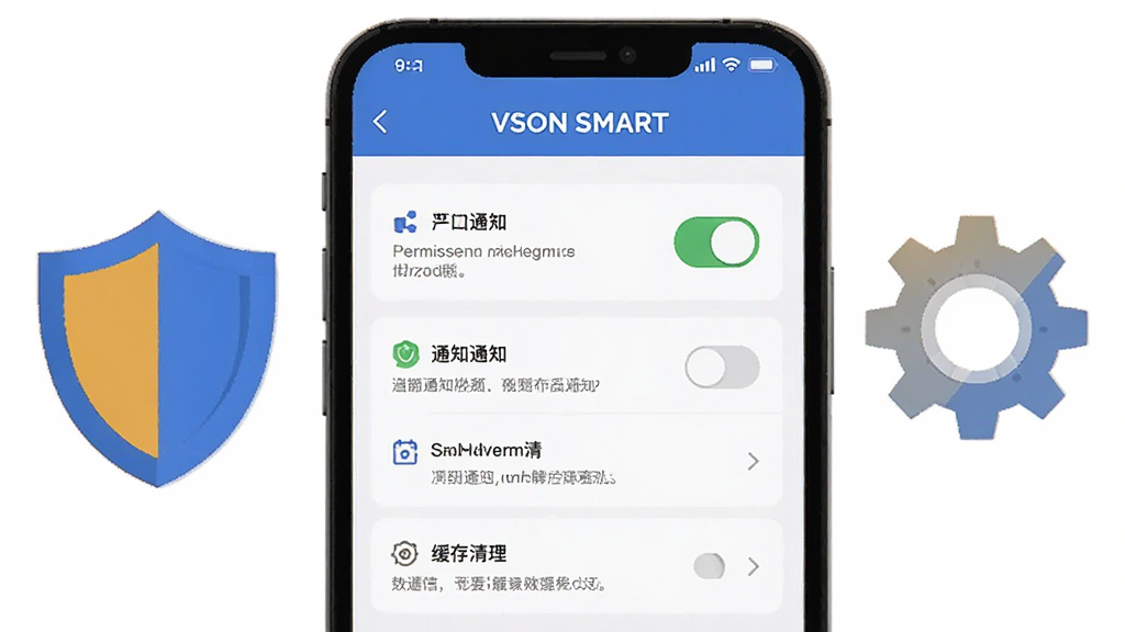 画面主体是“VSON SMART”应用设置界面,显示权限管理、通知设置、缓存清理等选项,手机屏幕旁边有盾牌和齿轮图标,布局为居中展示,排版简洁,风格为扁平化安全主题插画,细节包括权限开关状态和提示文字,画质清晰,干净,无多余元素