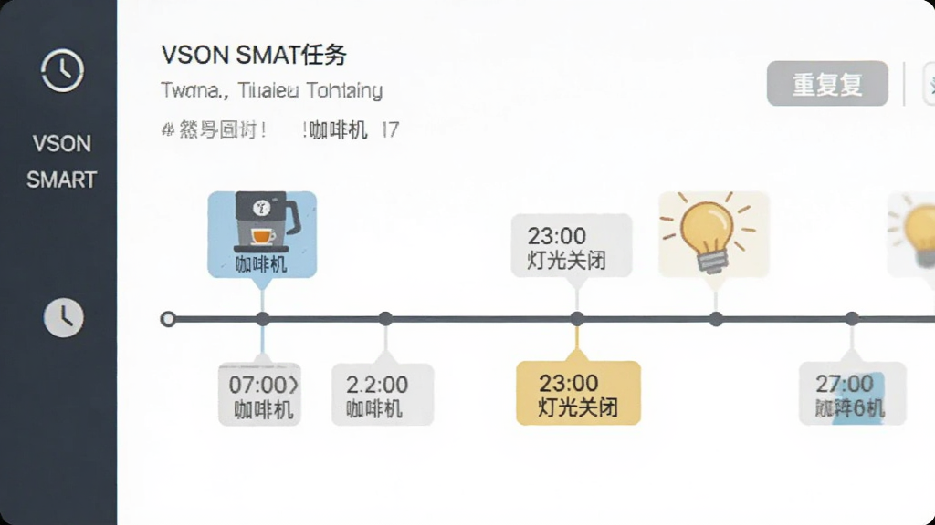 画面主体是“VSON SMART”定时任务界面,显示时间轴和多个设备图标,时间轴上标注“07:00 咖啡机”“23:00 灯光关闭”等标签,布局为横向时间轴,排版清晰,风格为简约商务扁平插画,细节包括时钟图标和重复周期按钮,画质清晰,干净,无多余元素