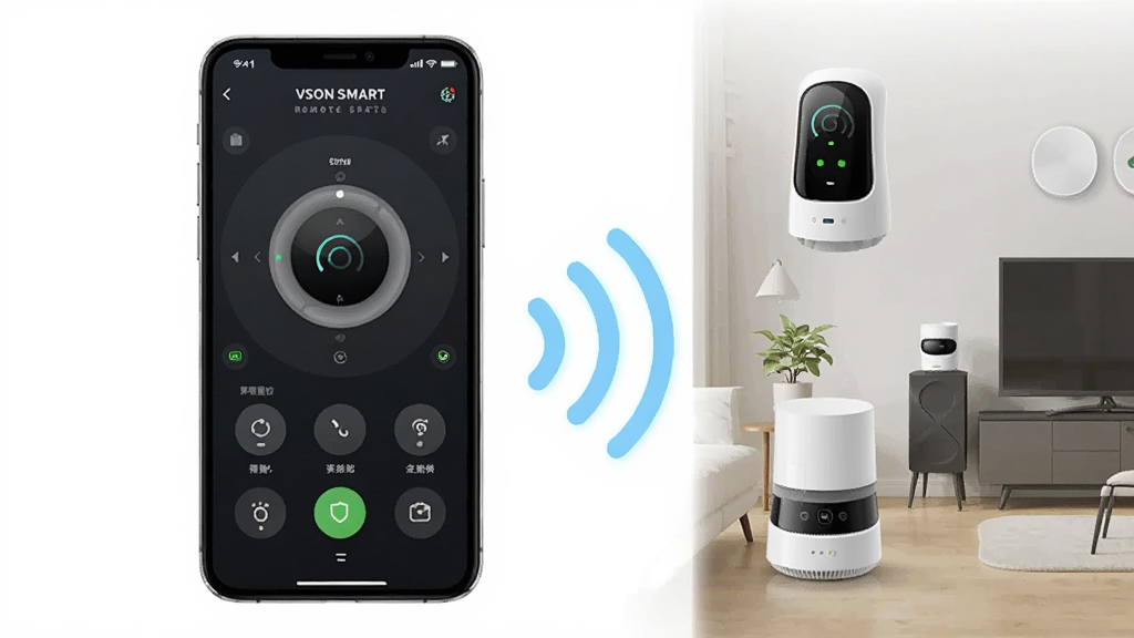 画面左侧是手机显示“VSON SMART”远程控制界面,右侧是家庭场景中的智能设备,手机与设备之间有无线信号波纹连接,布局左右对照,排版简洁,风格为写实科技风插画,细节包括设备状态指示灯和手机上的控制按钮,画质清晰,干净,无多余元素
