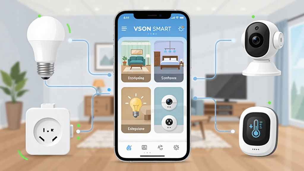 画面中央是一部智能手机,屏幕上显示“VSON SMART”应用主界面,界面中有客厅、卧室、厨房等房间卡片和灯光、插座、摄像头图标,手机周围环绕着智能灯泡、智能插座、摄像头、温湿度传感器等设备,背景为现代简约家居环境,整体布局清晰,排版居中,风格为科技感扁平化插画,细节包括设备连接线条和状态指示灯,画质清晰,干净,无多余元素