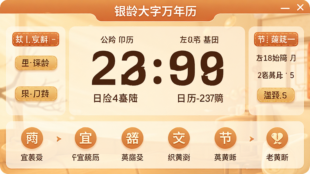 银龄大字万年历软件主界面展示,中央大号字体显示公历日期与农历日期,下方排列宜忌事项图标,整体布局简洁清晰,采用暖色调护眼配色,风格温馨亲切,细节包含节气标签与老黄历信息,画质高清干净,无多余元素
