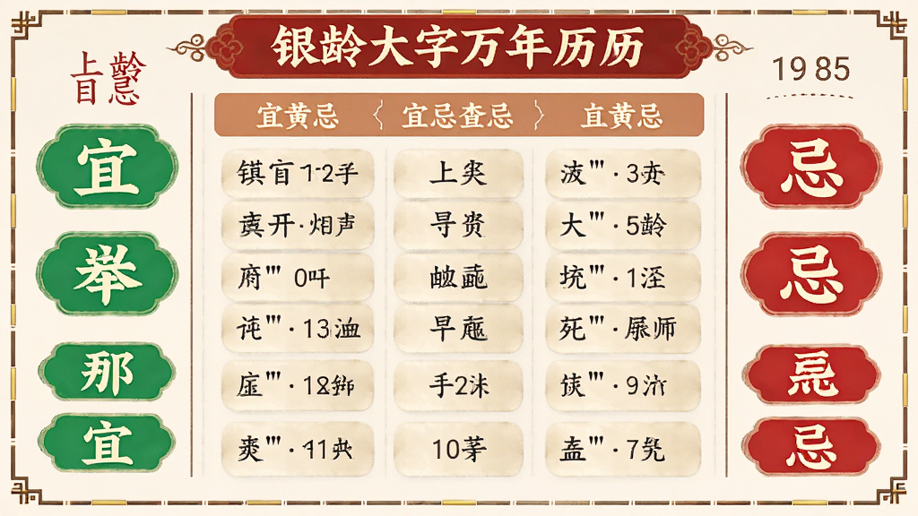 银龄大字万年历老黄历宜忌查询页面,画面展示当日宜忌列表,左侧绿色宜字标签,右侧红色忌字标签,中间排列传统黄历信息,布局规整清晰,配色传统典雅,画质高清干净