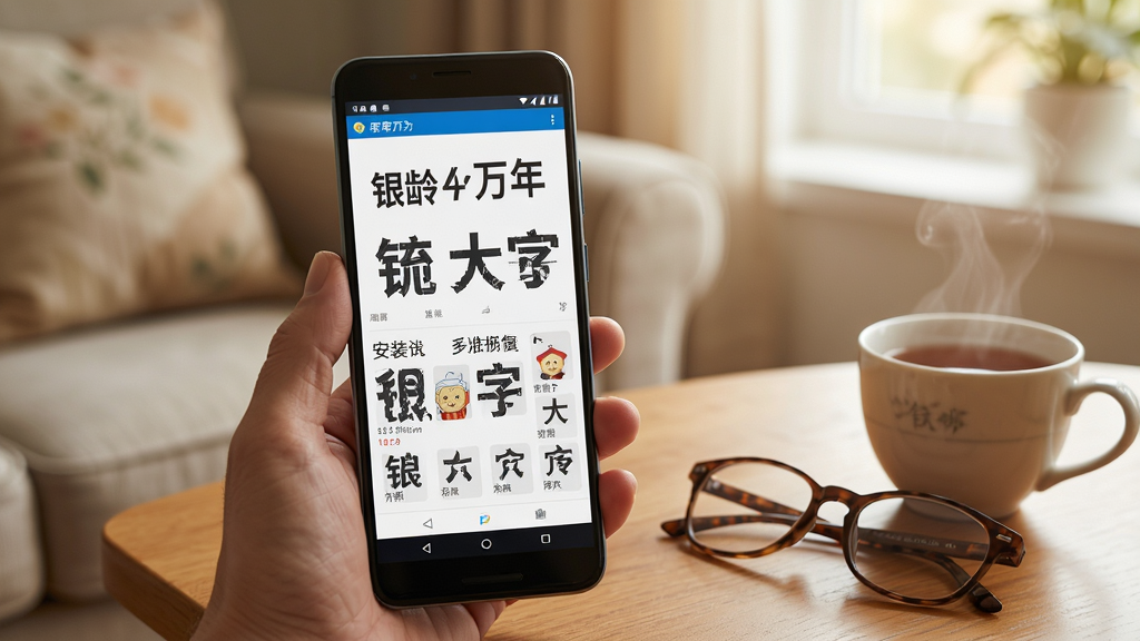 银龄大字万年历在安卓手机上的安装与使用场景,画面展示手机屏幕中软件运行界面,旁边放置老花镜与茶杯,营造温馨居家氛围,风格写实自然,细节突出大字体显示效果,画质高清干净