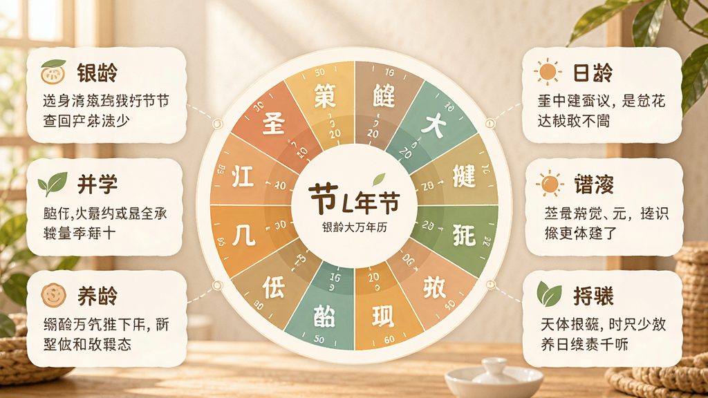 银龄大字万年历节气养生提醒功能界面,画面中央显示二十四节气圆形图表,周围环绕养生小贴士文字卡片,配色温暖柔和,风格清新自然,细节包含节气名称与养生建议,画质高清干净,无多余元素