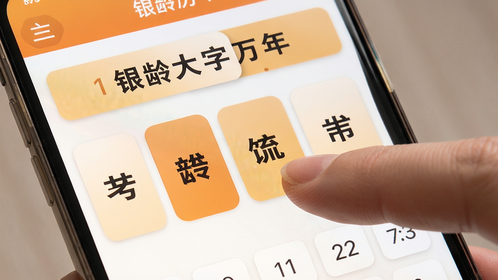 银龄大字万年历操作界面展示,画面为手机屏幕中的软件界面,手指正在滑动切换月份,界面元素简洁明了,大按钮大字体设计,配色温馨护眼,风格直观易用,画质高清干净