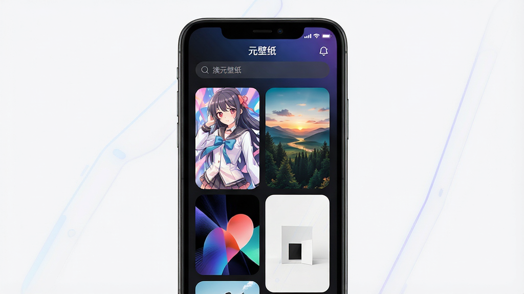 元壁纸应用主界面展示,画面中央是一部智能手机,屏幕显示元壁纸应用首页,顶部有搜索栏,中部为瀑布流壁纸缩略图网格,包含动漫、风景、抽象、极简四类风格封面,界面配色为深色主题搭配蓝紫渐变强调色,整体布局清晰,风格现代科技感,细节上壁纸缩略图边缘圆润,文字标注“元壁纸”在顶部醒目位置,画质高清,干净,无多余元素